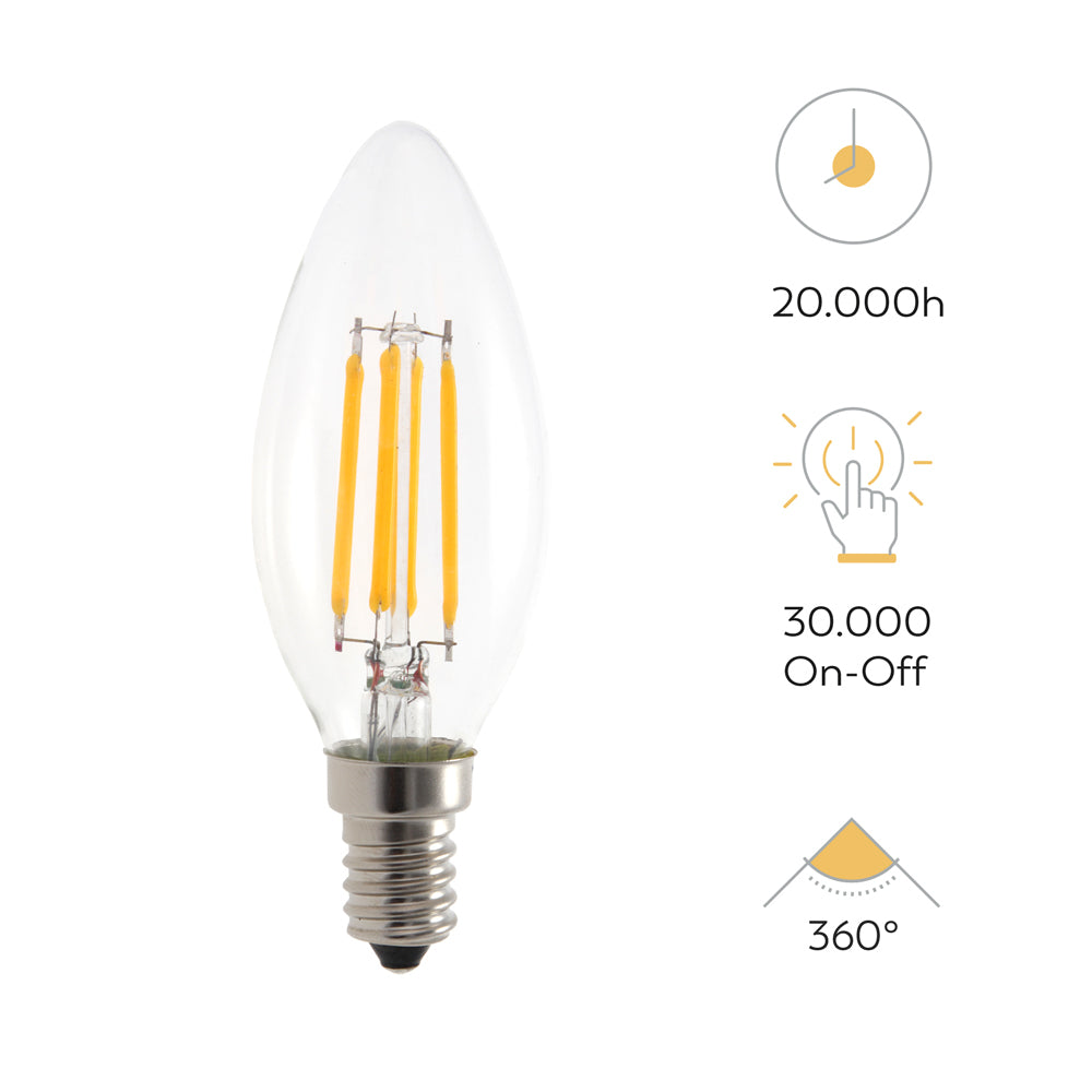 Bombilla Filamento LED Vela CLASE A E14, 2700K, 470lm, 2,2W (equivalente 40W incandescente)