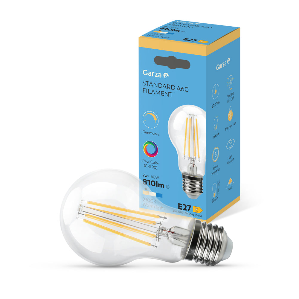 Bombilla LED Filamento CRI Estándar A60, Casquillo E27, Luz cálida (2700k), 7W, 810 Lúmenes, Ángulo de Luz de 360º, CRI 90, Regulable.