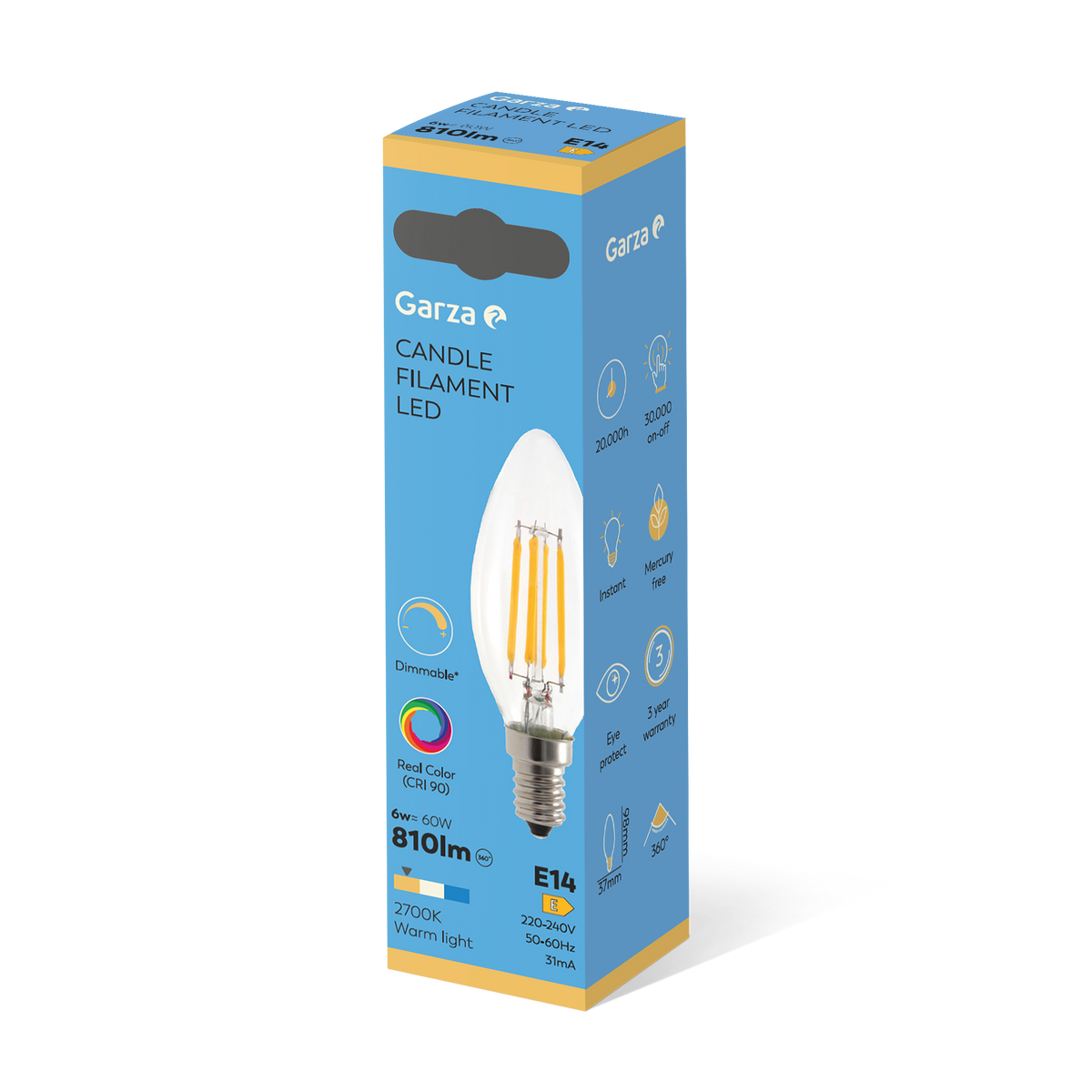 Bombilla Led Filamento Clear Vela Regulable Cri90 C37