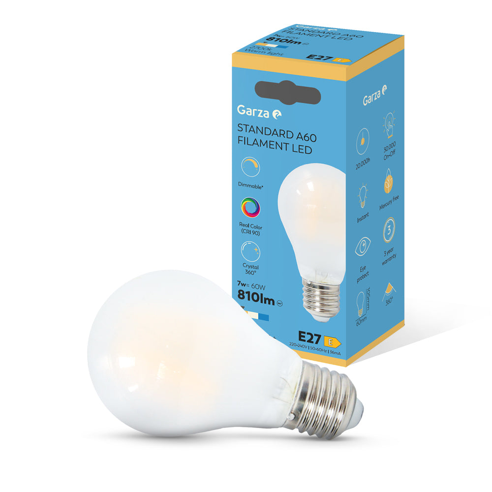 - Bombilla LED Filamento CRI Estándar A60, Casquillo E27, Luz cálida (2700k), 7W, 810 Lúmenes, Ángulo de Luz de 360º, CRI 90, Regulable.