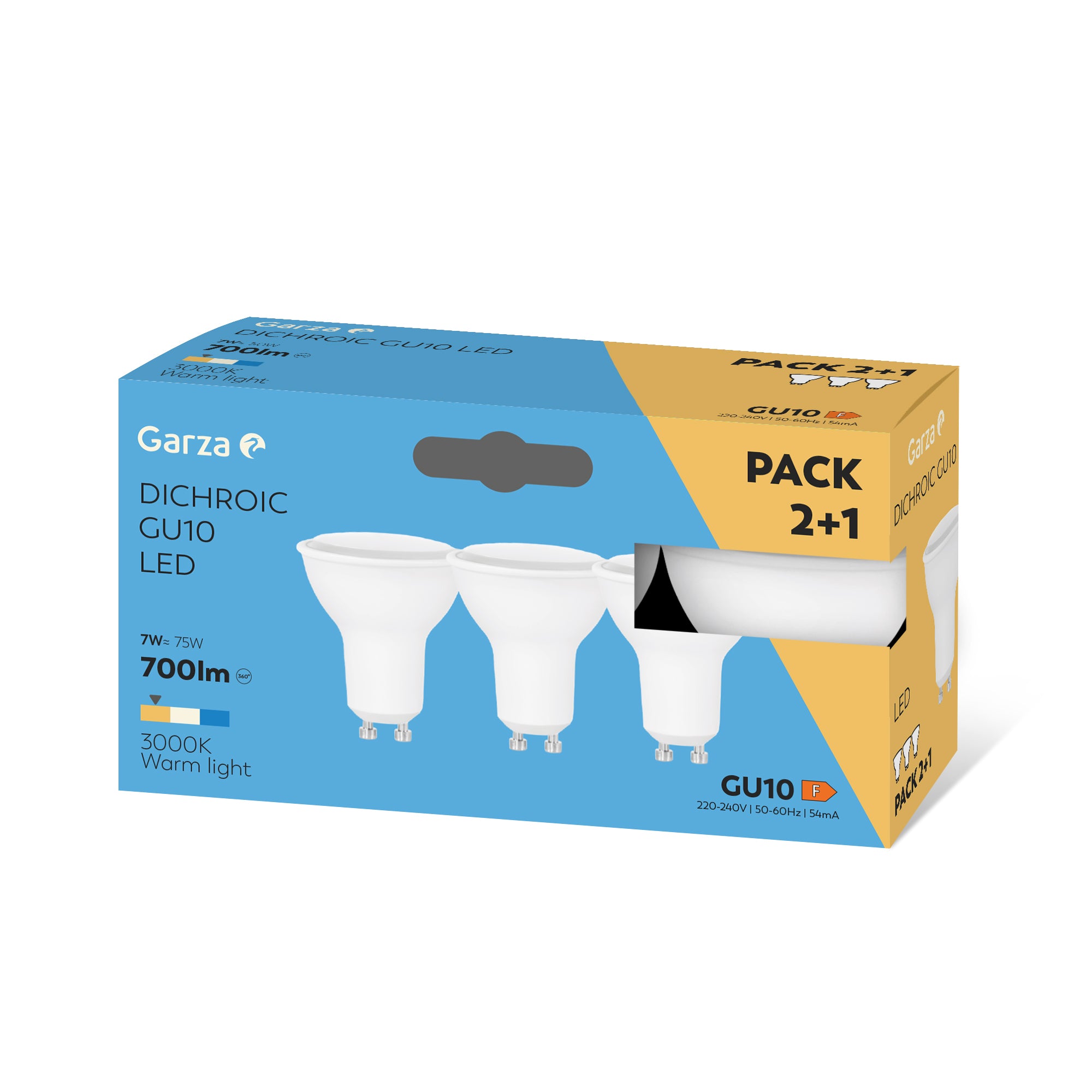 - Bombilla LED Dicroica GU10, Casquillo GU10, Luz cálida (3000k), 7W, 700 Lúmenes, Ángulo de Luz de 110º, CRI 80 (Pack 2+1).