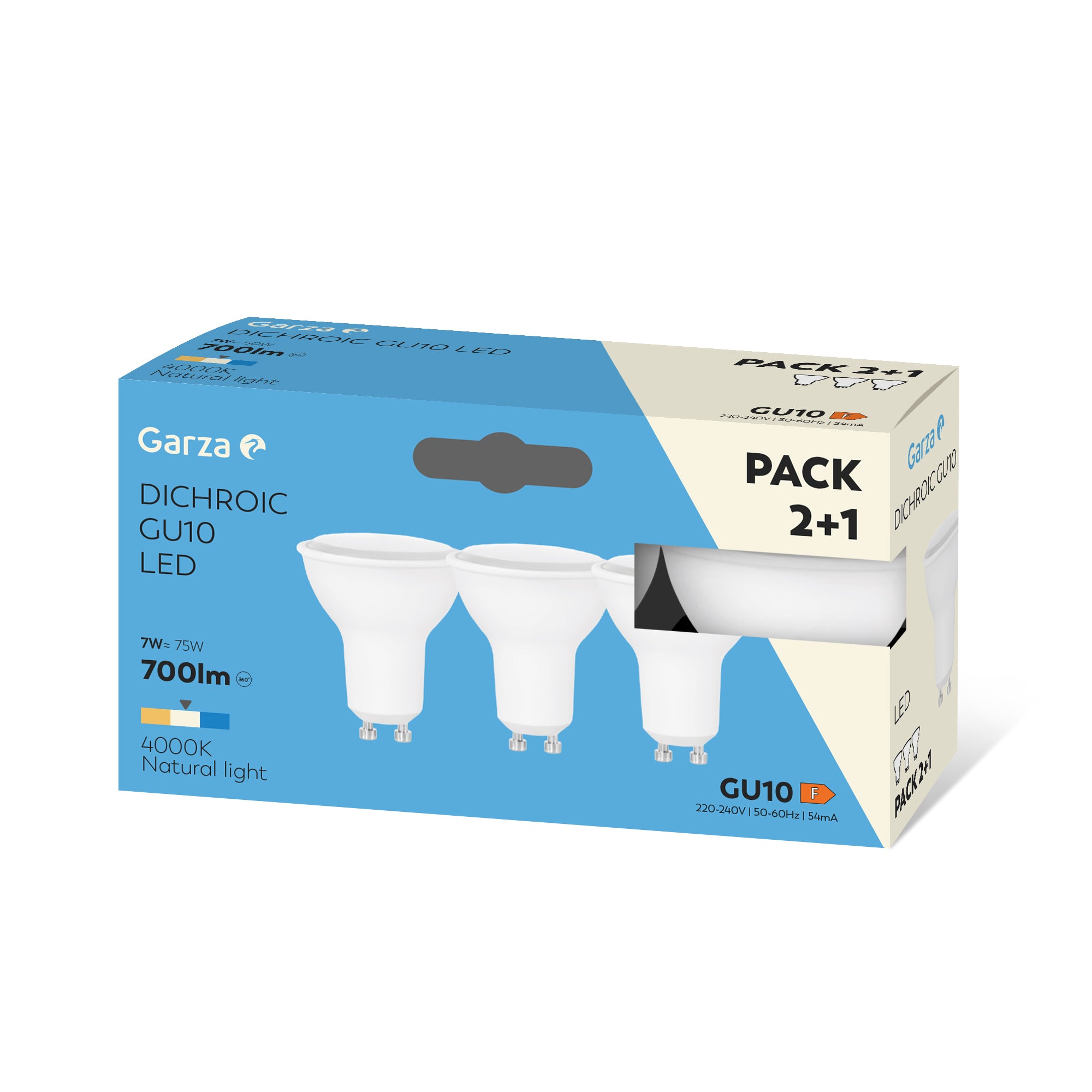- Bombilla LED Dicroica GU10, Casquillo GU10, Luz neutra (4000k), 7W, 700 Lúmenes, Ángulo de Luz de 110º, CRI 80 (Pack 2+1).