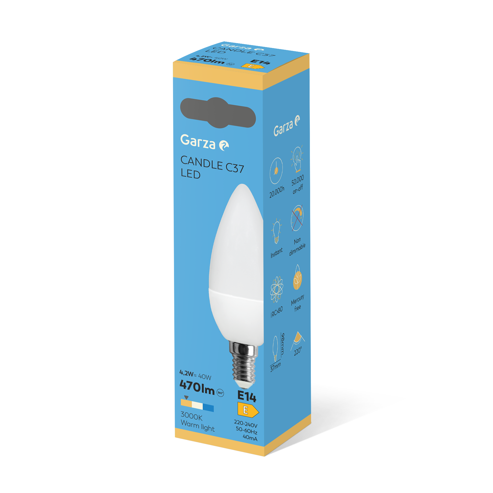 - Bombilla LED Vela C37, Casquillo E14, Luz cálida (3000k), 12W, 470 Lúmenes, Ángulo de Luz de 220º, CRI 80.
