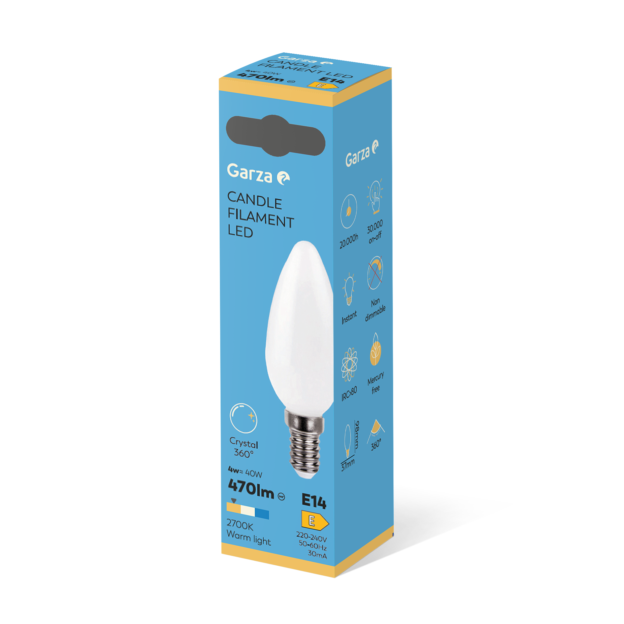 - Bombilla LED Filamento Opal Esférica G45, Casquillo E14, Luz cálida (2700k), 4W, 470 Lúmenes, Ángulo de Luz de 360º, CRI 80.
