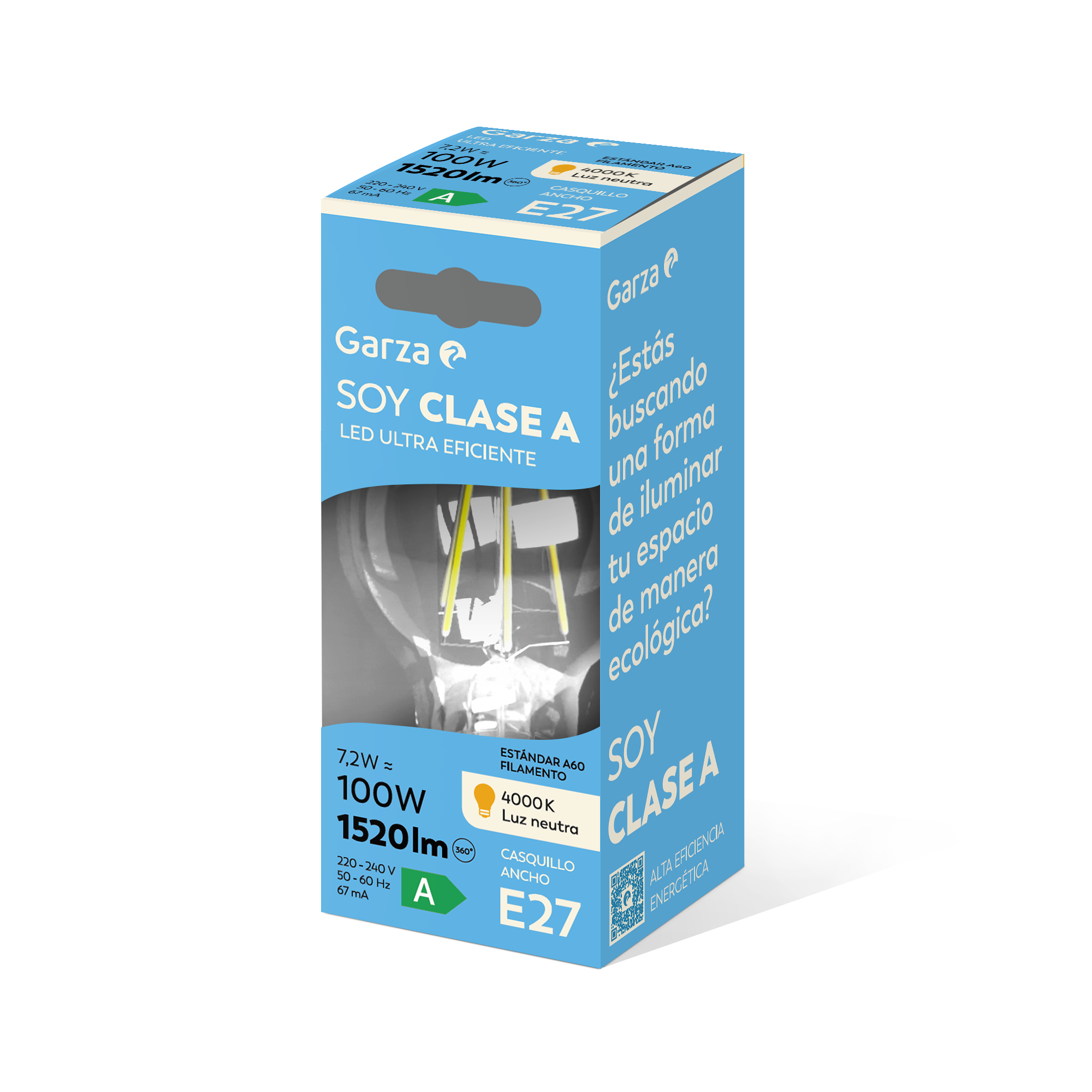 Bombilla Filamento LED Estándar A60 CLASE A E27, 4000K, 1520lm, 7,2W (equivalente 100W incandescente)