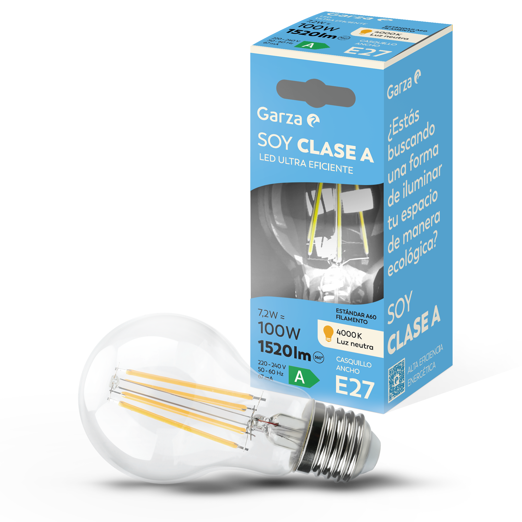Bombilla Filamento LED Estándar A60 CLASE A E27, 4000K, 1520lm, 7,2W (equivalente 100W incandescente)