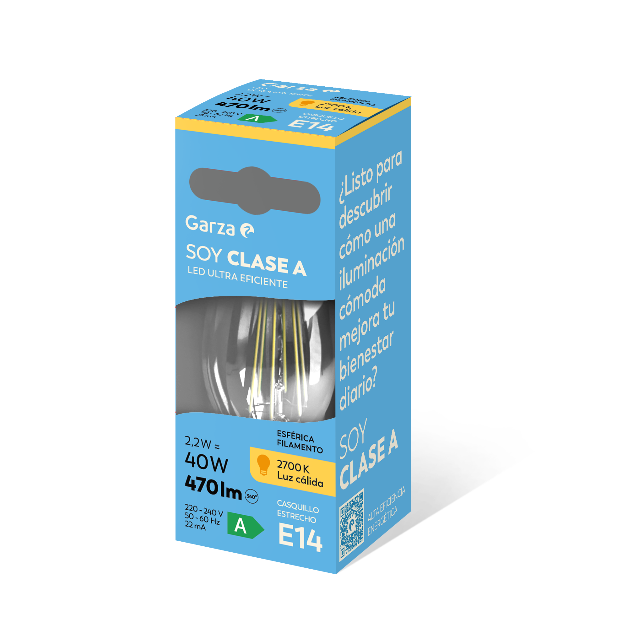Bombilla Filamento LED Esférica CLASE A E14, 2700K, 470lm, 2,2W (equivalente 40W incandescente)