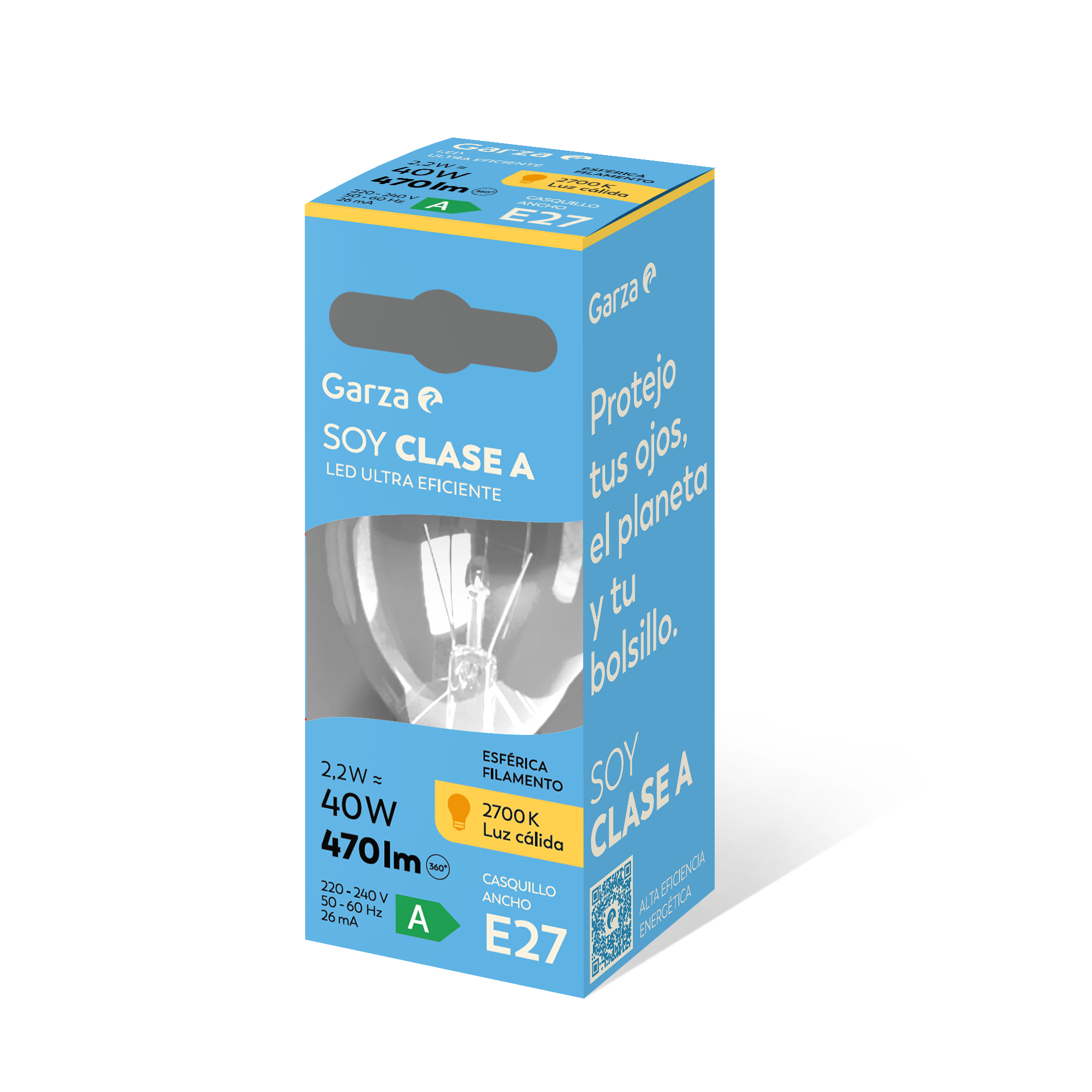 Bombilla Filamento LED Esférica CLASE A, E27, 2700K, 470lm, 2,2W (equivalente 40W incandescente)
