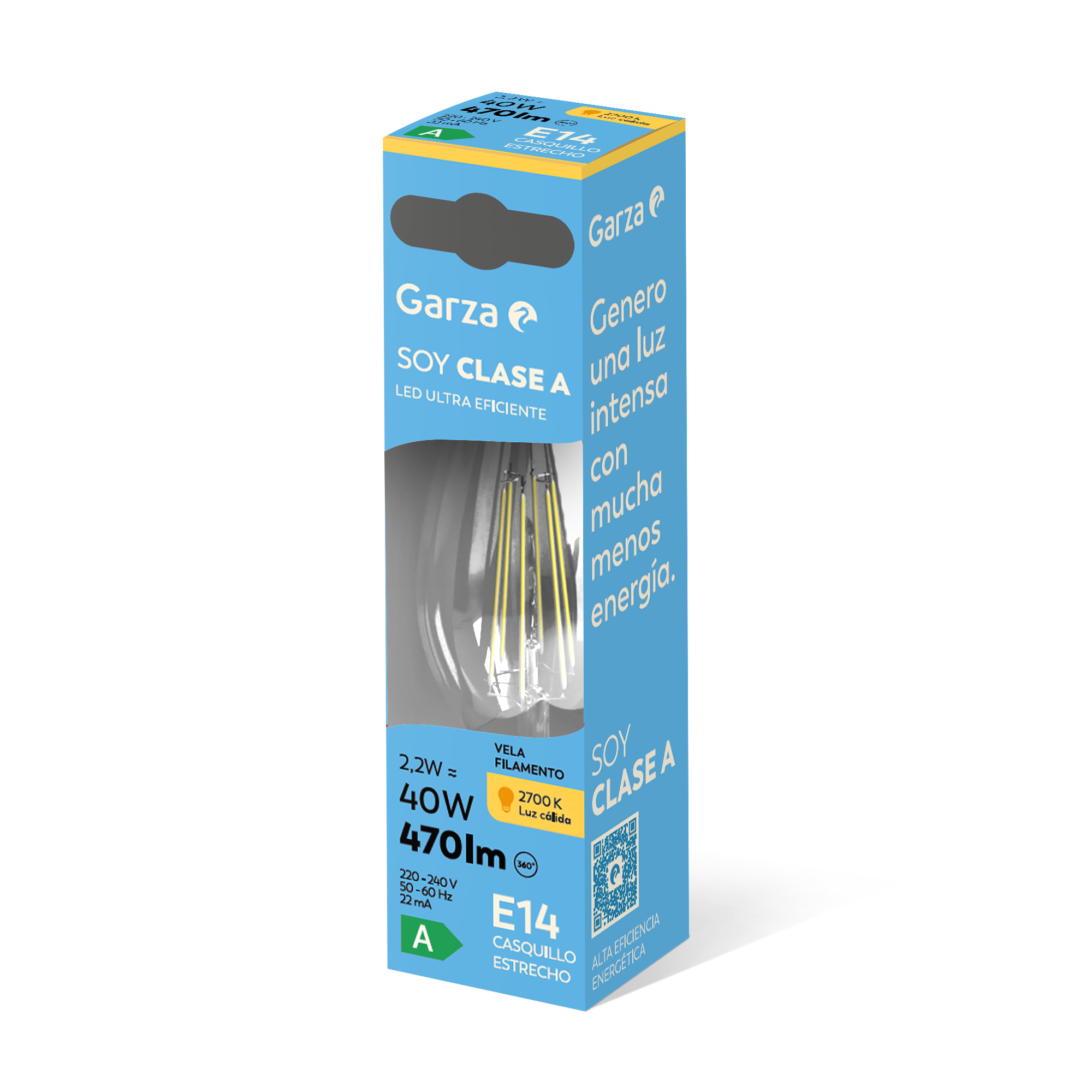 Bombilla Filamento LED Vela CLASE A E14, 2700K, 470lm, 2,2W (equivalente 40W incandescente)