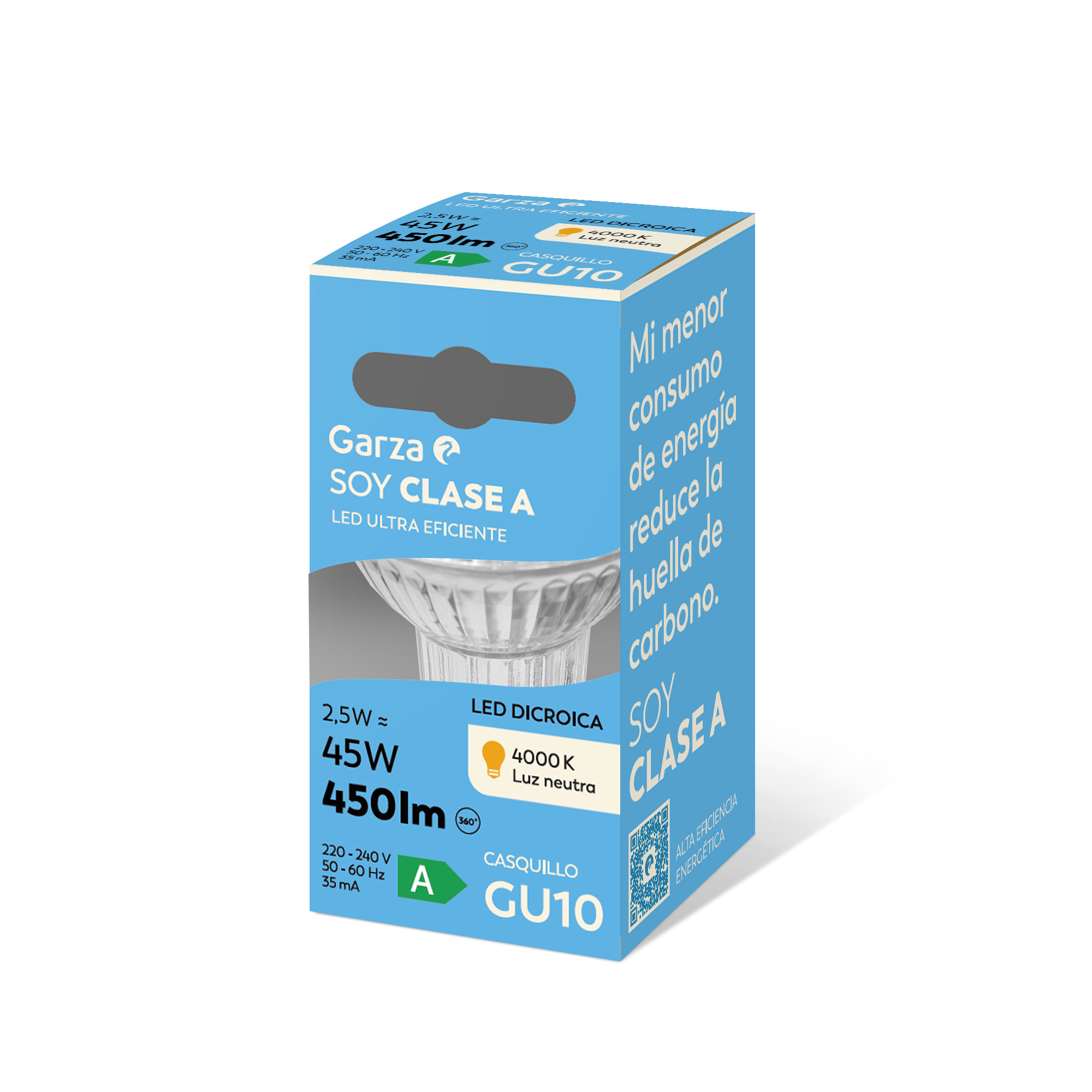 Soy Clase A Bombilla LED Dicroica Cristal GU10, 4000K, 450lm, 2,2W (equivalente 45W)