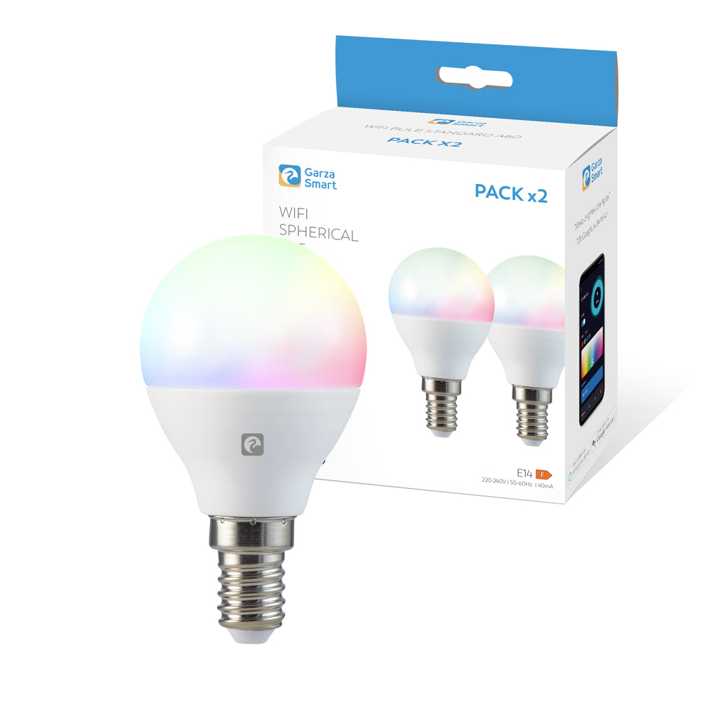 Smarthome - Pack 2 Bombilla LED Inteligente Wifi Esférica G45 E14 5W (40W de Equivalencia) RGB+CCT, Intensidad regulable, Programable, Control por Voz y App (Alexa/Google Home), Wifi 2,4 GHz