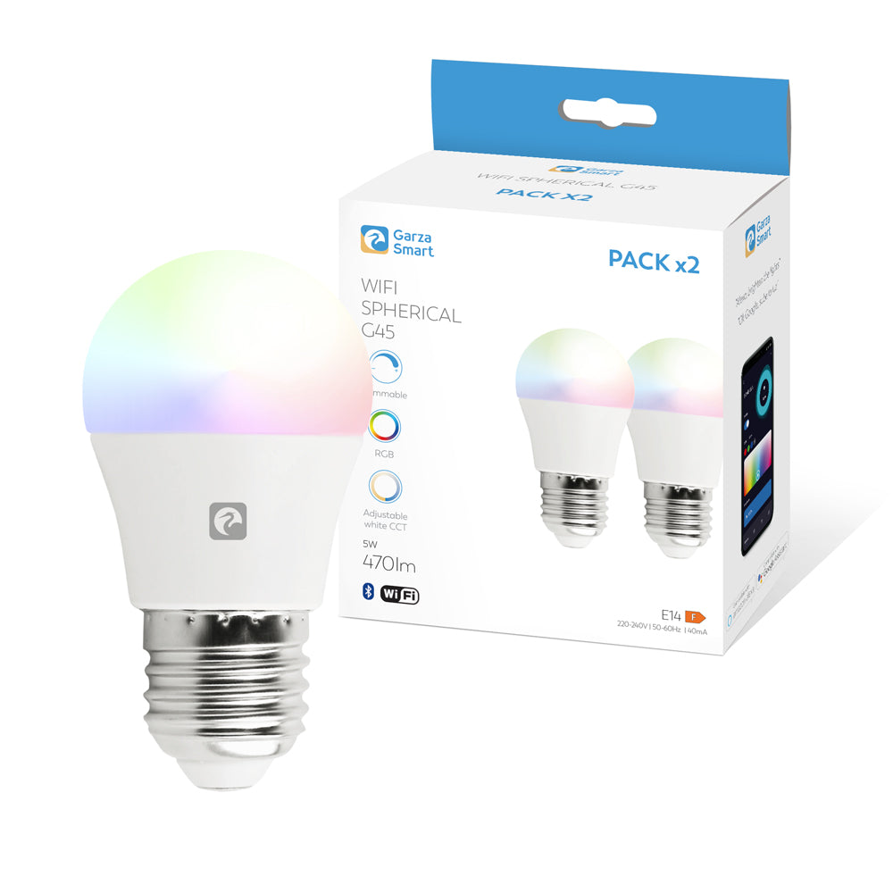Smarthome - Pack 2 Bombilla LED Inteligente Wifi Esférica G45 E27 5W (40W de Equivalencia) RGB+CCT, Intensidad regulable, Programable, Control por Voz y App (Alexa/Google Home), Wifi 2,4 GHz