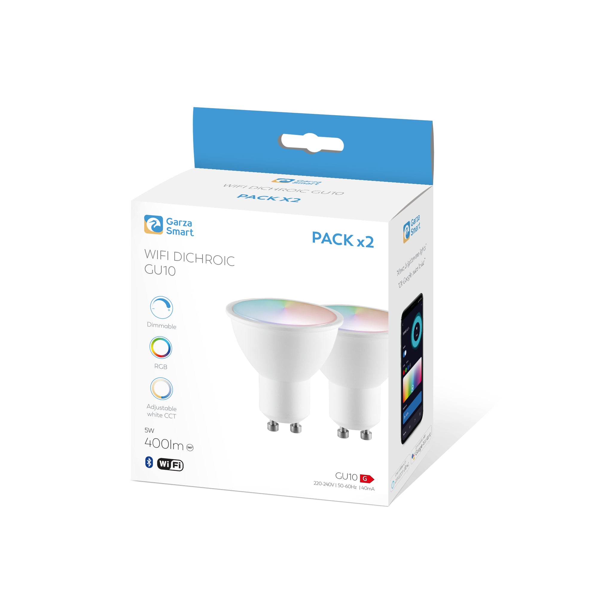 Smarthomilla LED Inteligente Wifi GU10 5W (40W de Equivalencia) RGB+CCT, Intensidad regulable, Programable, Control por Voe -Pack 2 Bombz y App (Alexa/Google Home), Wifi 2,4 GHz