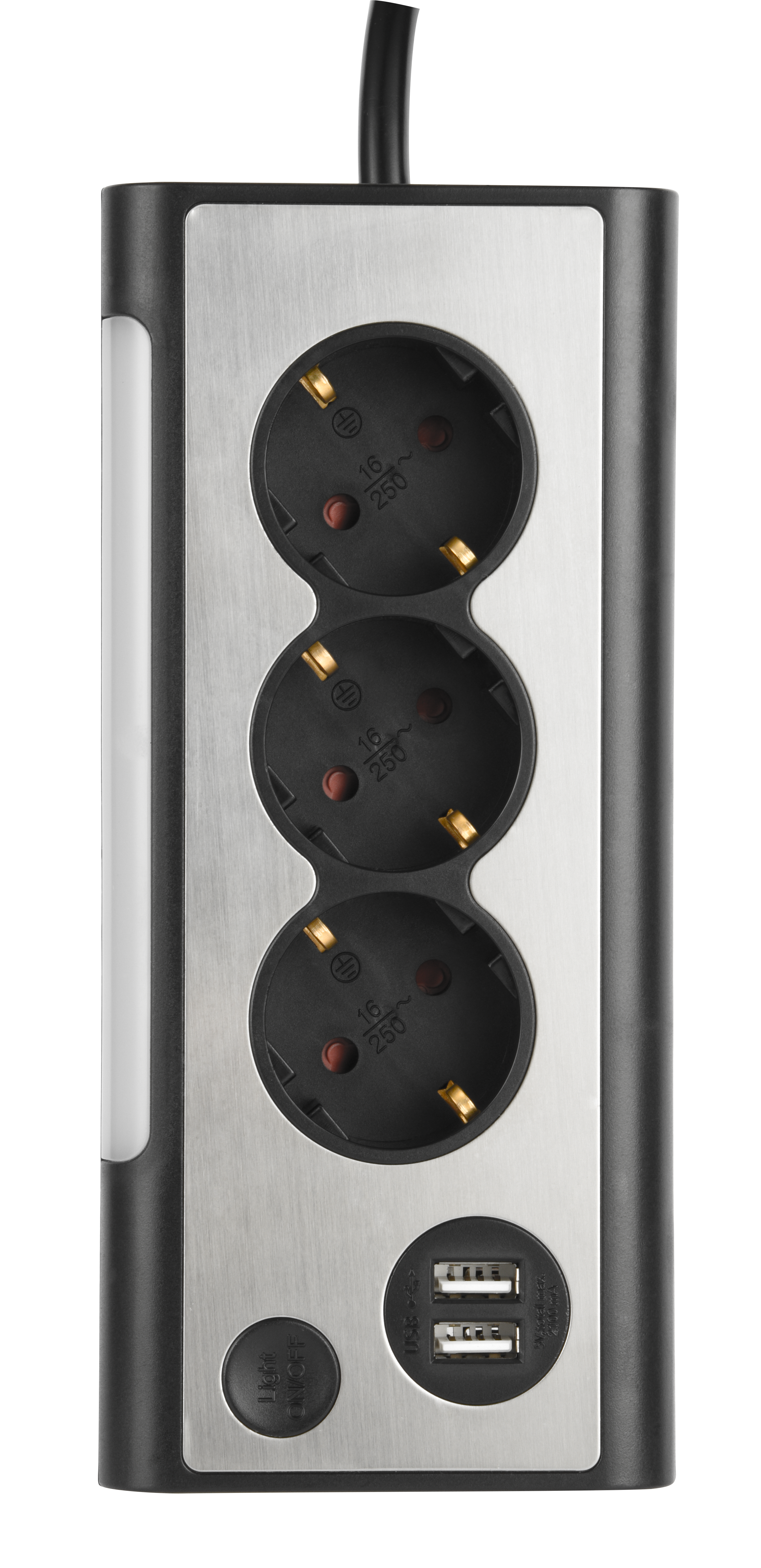 Regleta  Home esquinera de interruptor con acabados en aluminio y color negro, con banda de luz para 3  tomas + 2 USB de 1.5 metros de cable, 1