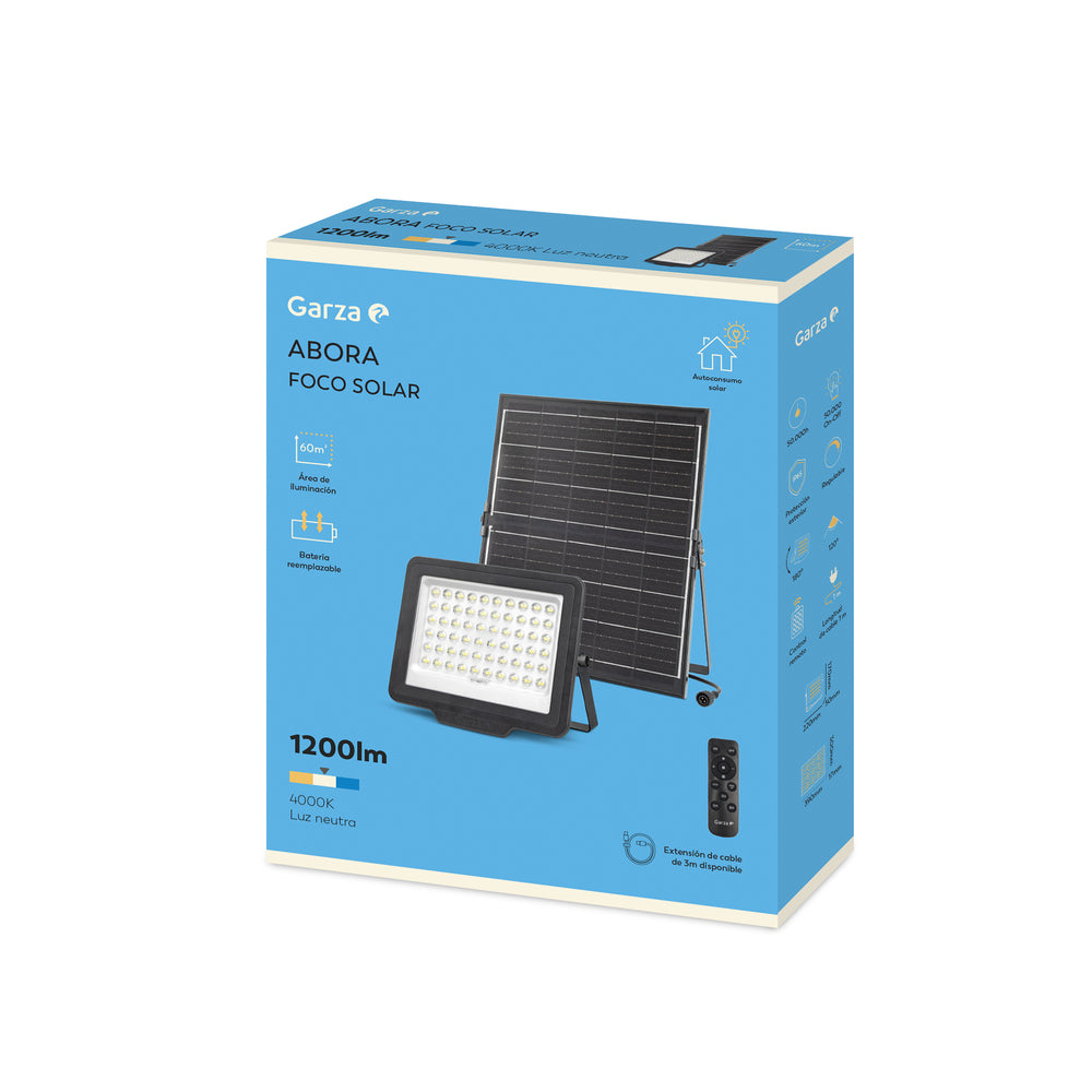 Foco Solar Abora con Sensor Crepuscular con mando 60m2 , 1200 lúmenes, 4000K