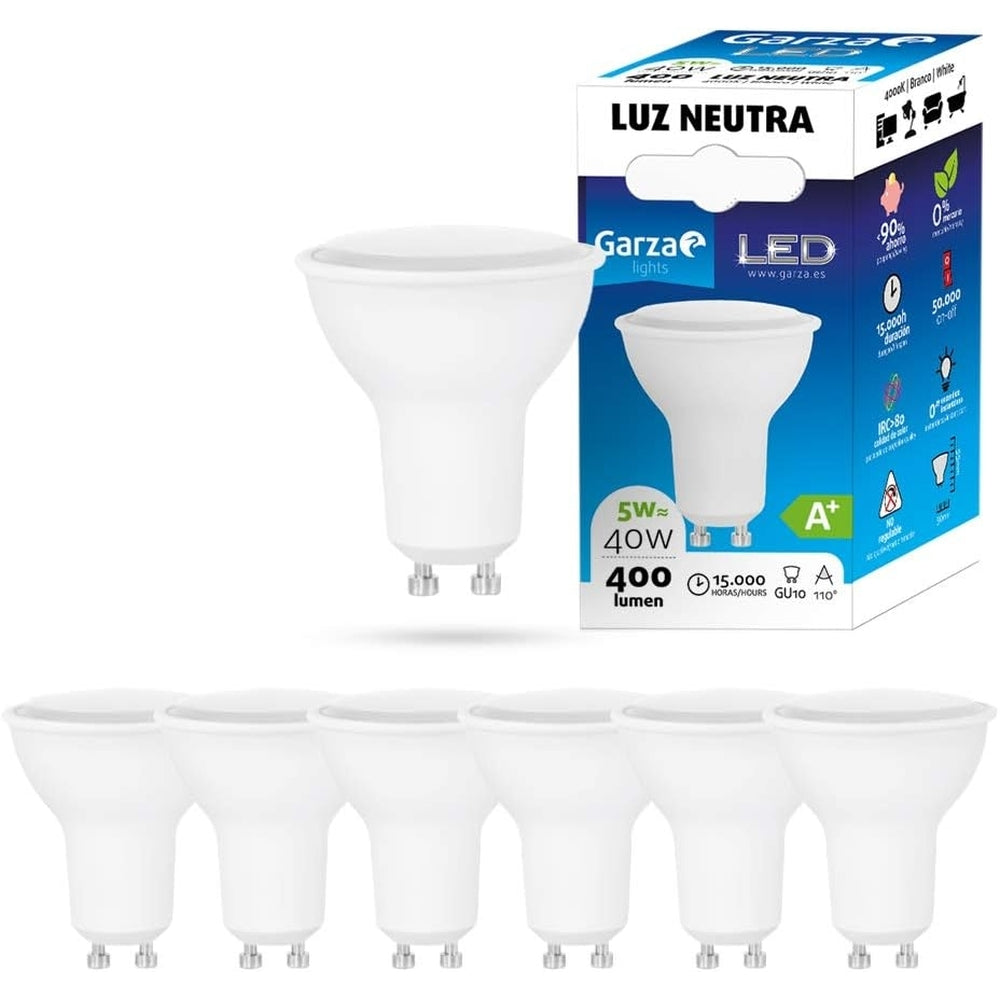 Garza - Pack de 8 Bombillas LED de bajo consumo estandar GU10 de 400LM y 5W de potencia equivalente a 40W y temperatura blanco neutro 4.000K 15.000H duración