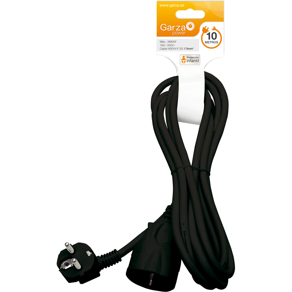 Cable alargador doméstico interior 10 metros, con toma de tierra hasta 16 Amperios (3680W), Negro