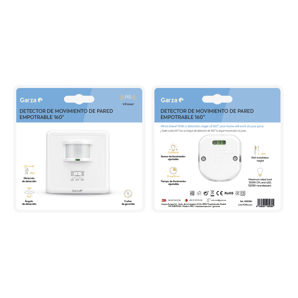 Detector de movimiento Infrarrojo de pared empotrable 160º