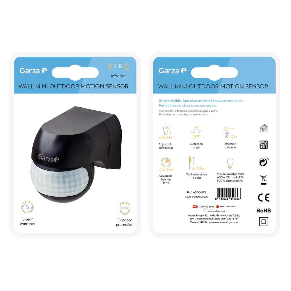 Detector de movimiento infrarrojos de exterior Mini 180º, Negro