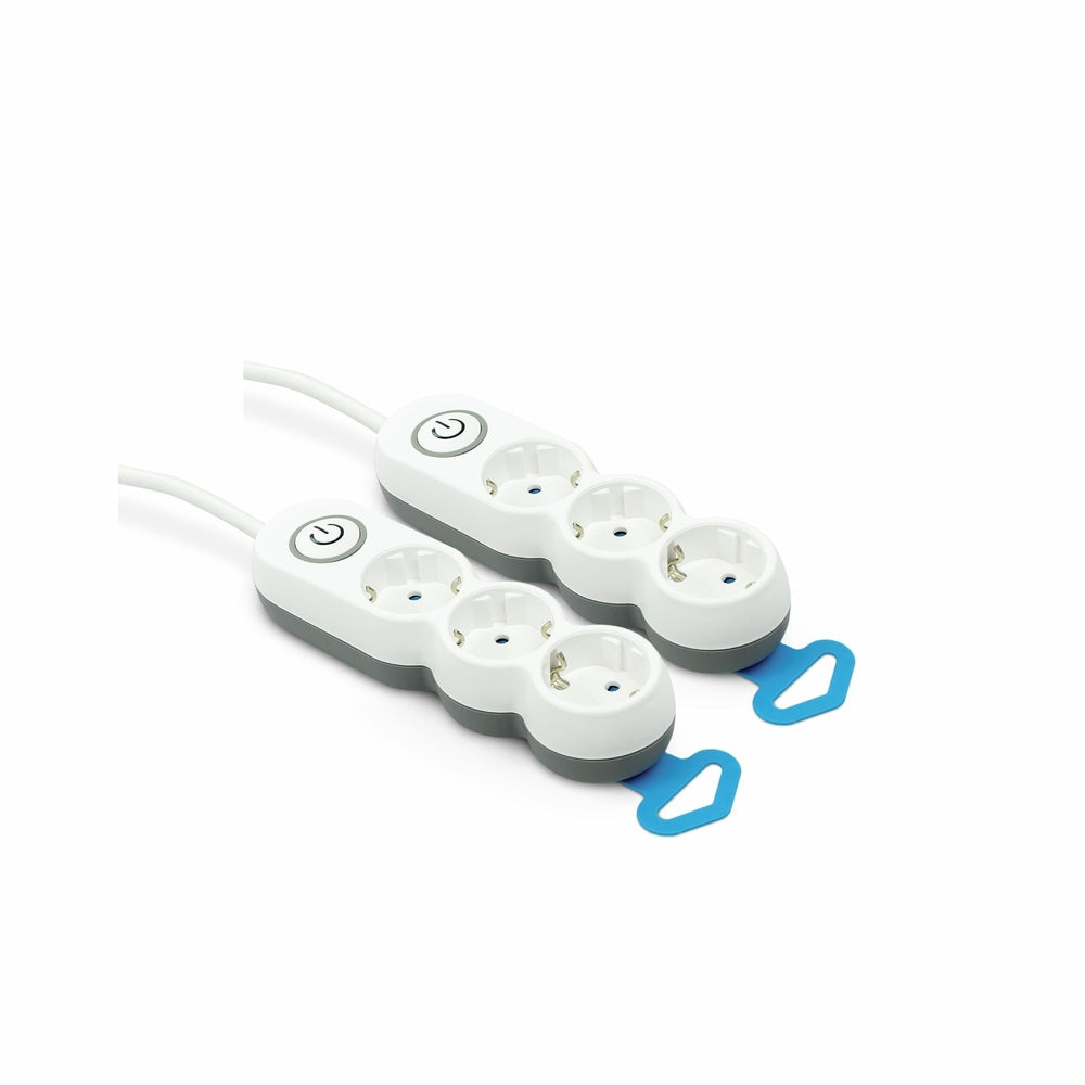 Pack de 2 Bases Múltiples Design con interruptor, enchufe plano, 3 tomas, cable de 1,4 metros, Blanco