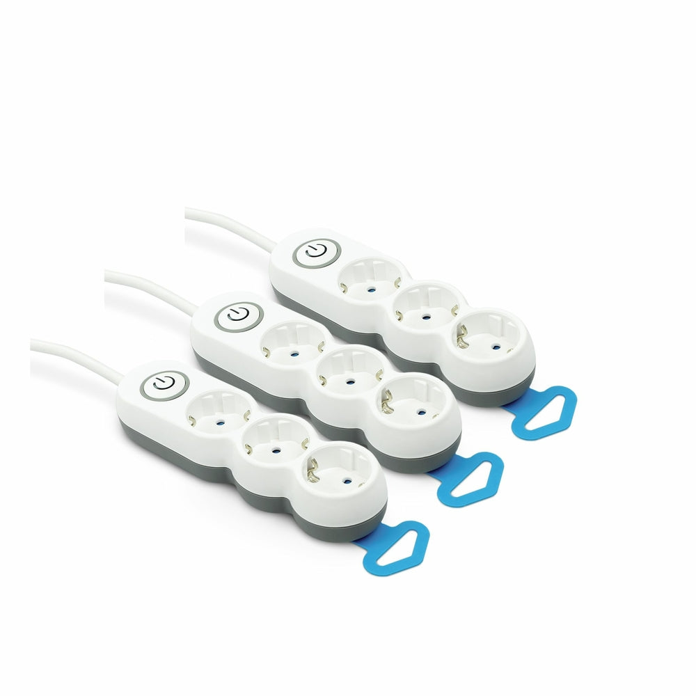 Pack de 3 Bases Múltiples Design con interruptor, enchufe plano, 3 tomas, cable de 1,4 metros, Blanco