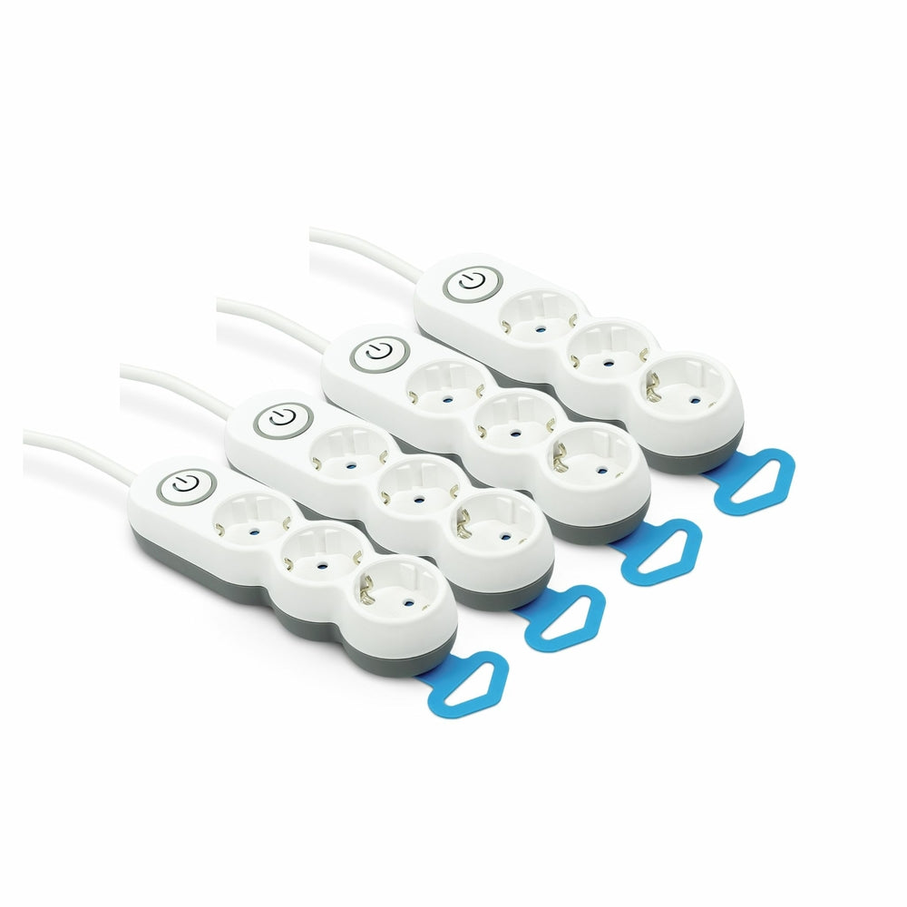 Pack de 4 Bases Múltiples Design con interruptor, enchufe plano, 3 tomas, cable de 1,4 metros, Blanco