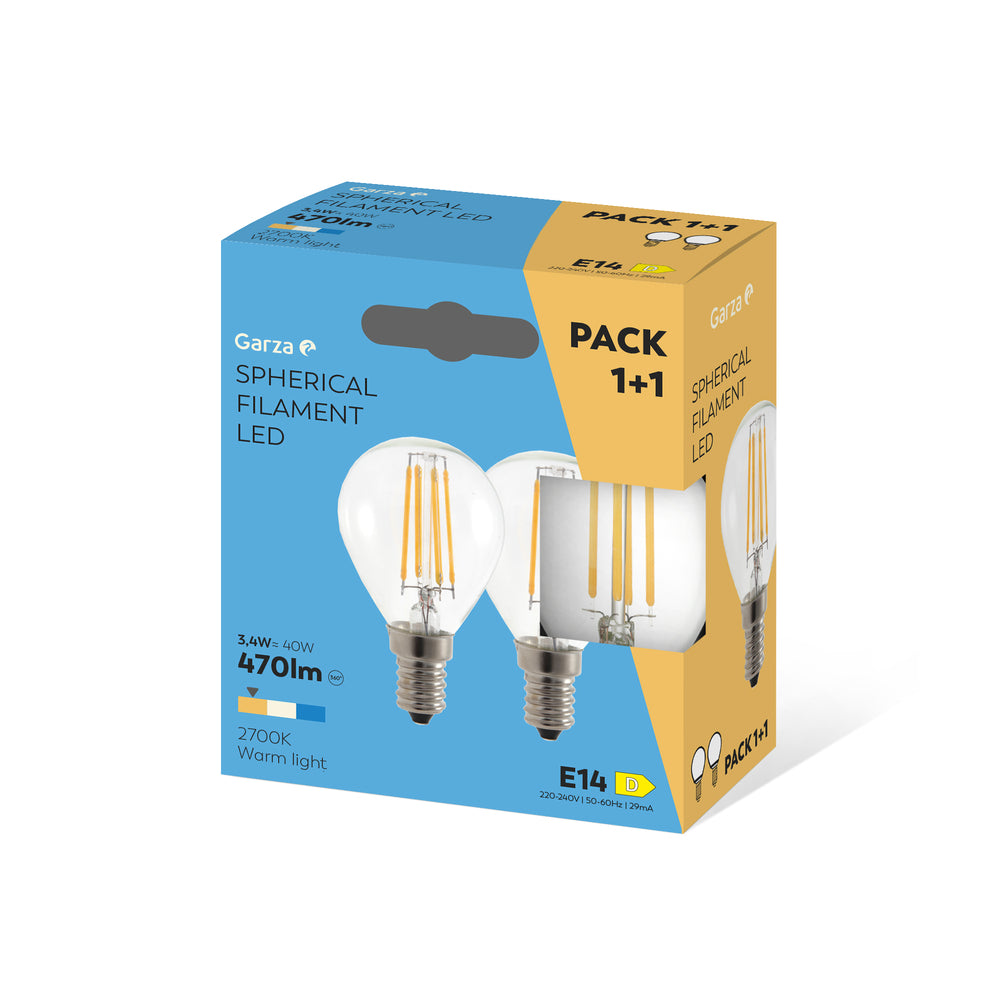 Bombilla Led Filamento Clear Esférica G45 E14 3,4W, 470 lúmenes, 2700K, Pack 1+1