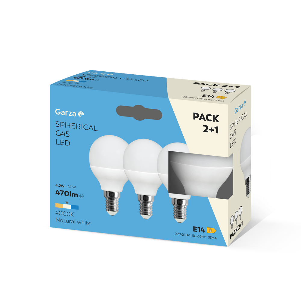 Bombilla LED Estándar G45, Casquillo E14, Luz neutra (4000k), 4,2W, 470 Lúmenes, Ángulo de Luz de 220º, CRI 80 (Pack 2+1).