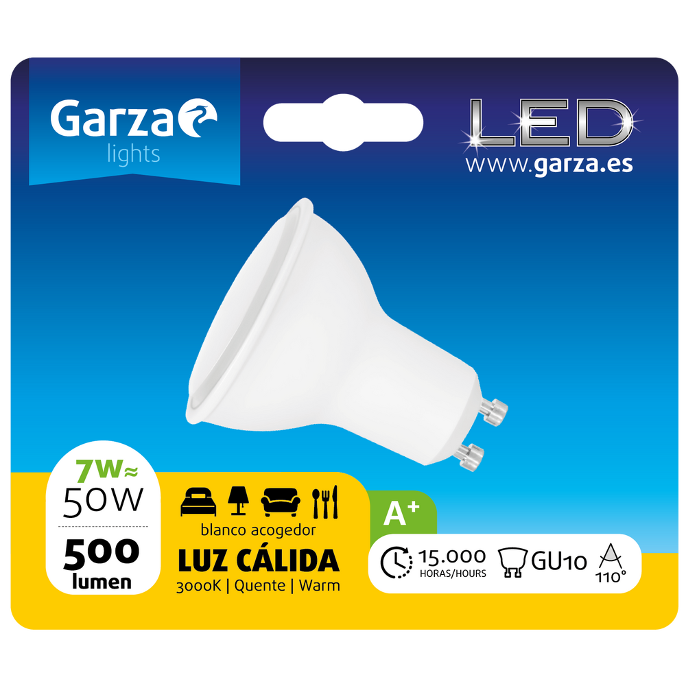 Bombilla  Led GU10, 7W 500 lúmenes, 3000K en formato blister