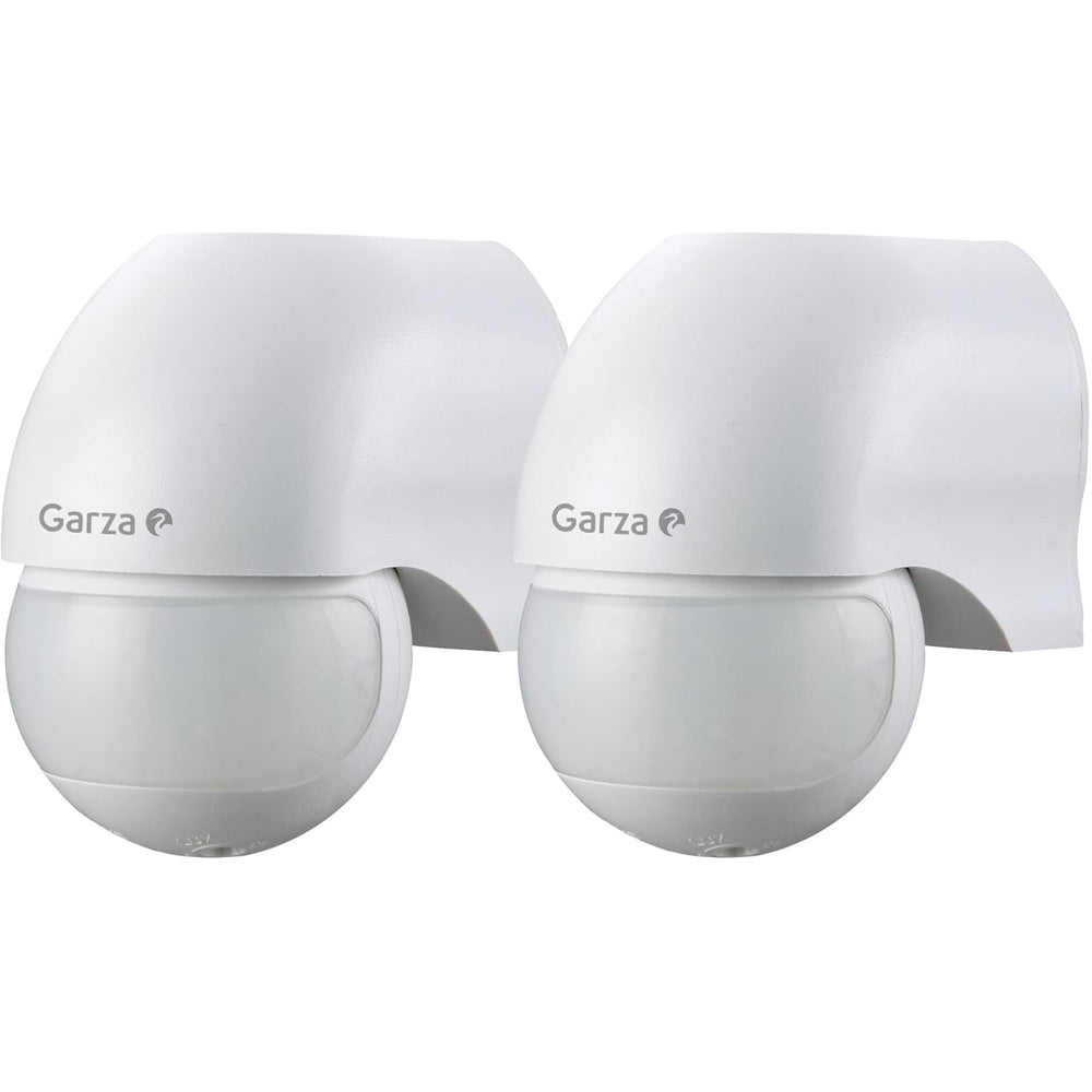 Garza -Pack 2 Detector de Movimiento por Infrarrojos para Interior y Exterior, protección IP44, Tiempo y luminosidad Regulables, ángulo detección 180º, Blanco