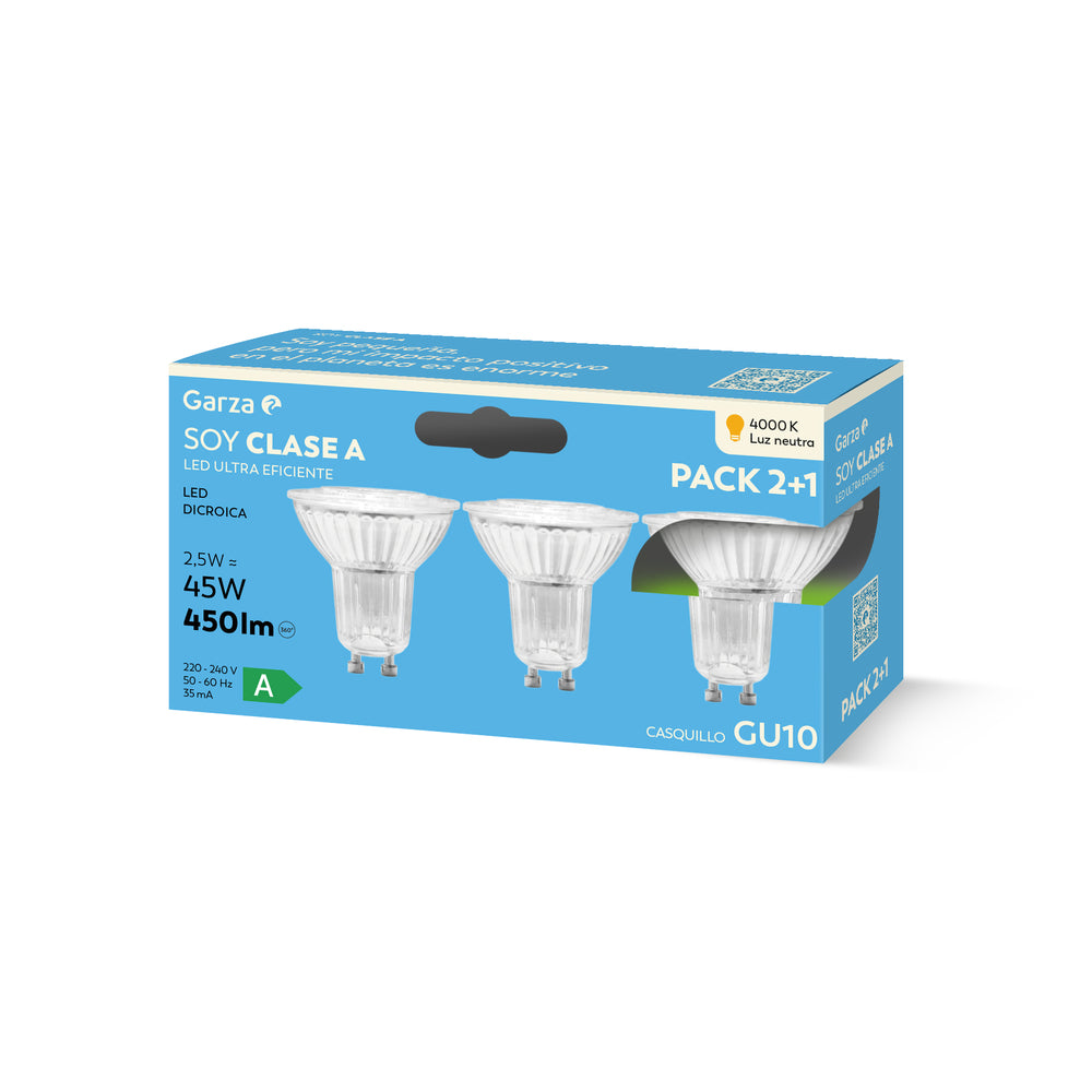 Soy Clase A Bombilla LED Dicroica Cristal GU10, 4000K, 450lm, 2,5W (equivalente 45W), 2+1