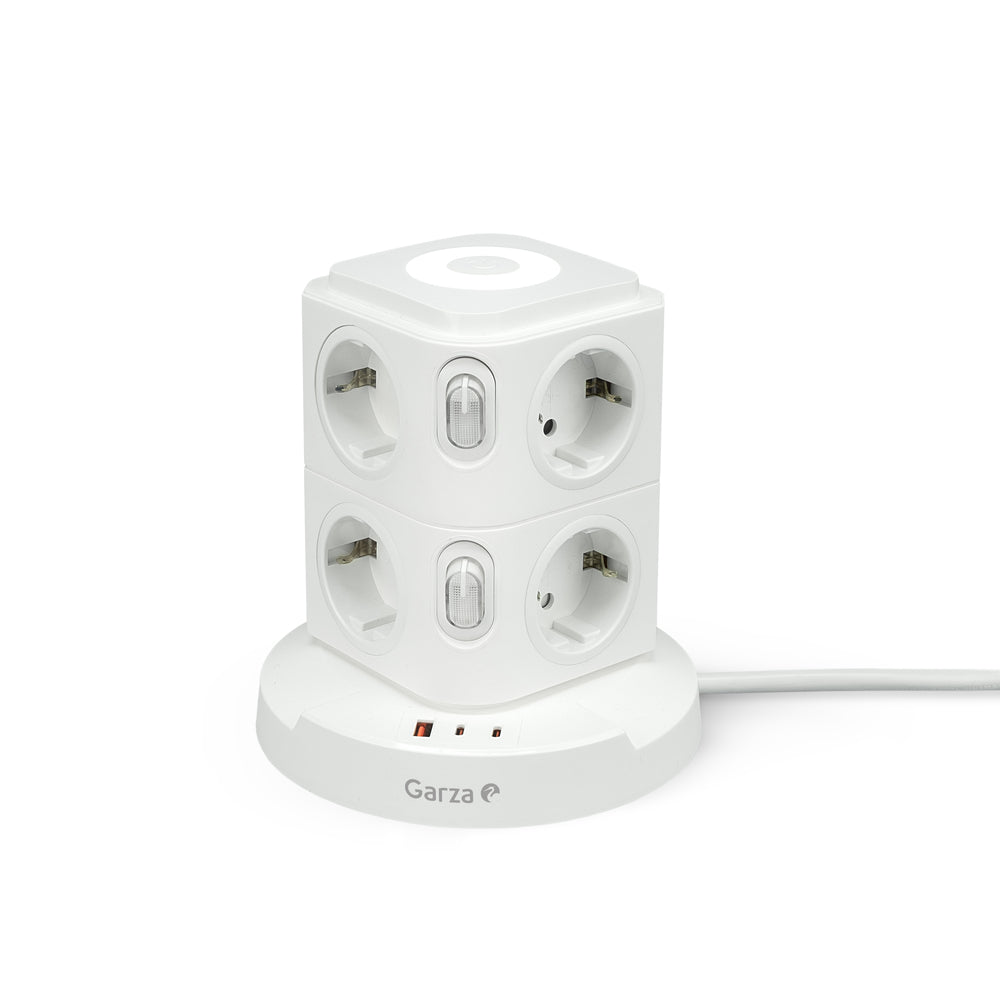 Regleta torre con 8 tomas Schuko, 1 USB-A y 2 USB-C, con carga rápida PD20W, color Blanco