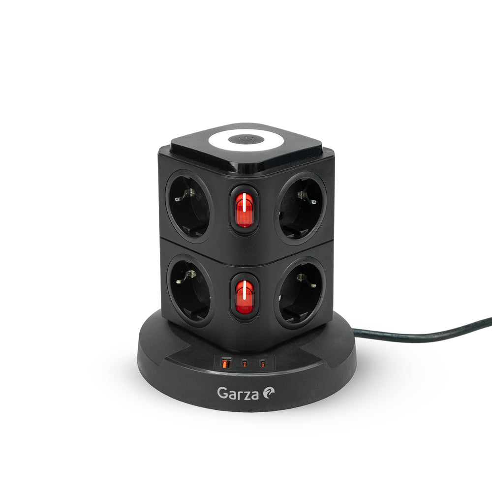 Regleta torre con 8 tomas Schuko, 1 USB-A y 2 USB-C, con carga rápida PD20W, color Negro