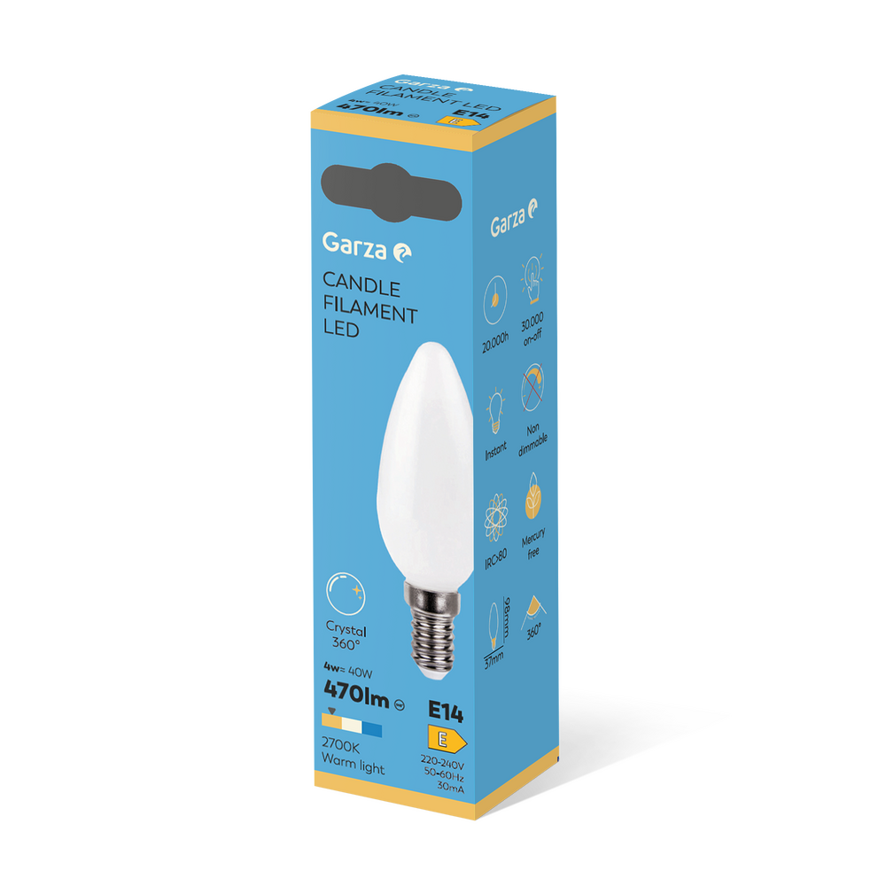 - Bombilla LED Filamento Opal Esférica G45, Casquillo E14, Luz cálida (2700k), 4W, 470 Lúmenes, Ángulo de Luz de 360º, CRI 80.