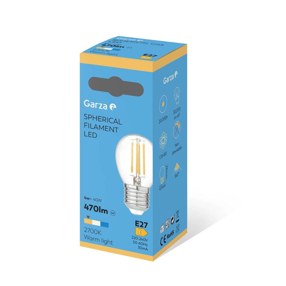 Bombilla Led Filamento Clear Esférica E27 4W, 470 lúmenes, 2700K