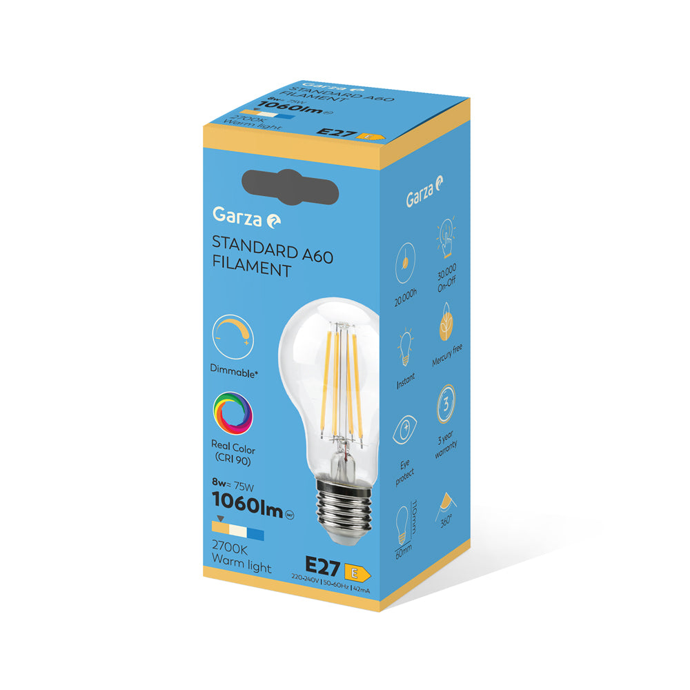 Bombilla LED Filamento CRI Estándar A60, Casquillo E27, Luz cálida (2700k), 8W, 1060 Lúmenes, Ángulo de Luz de 360º, CRI 90, Regulable.