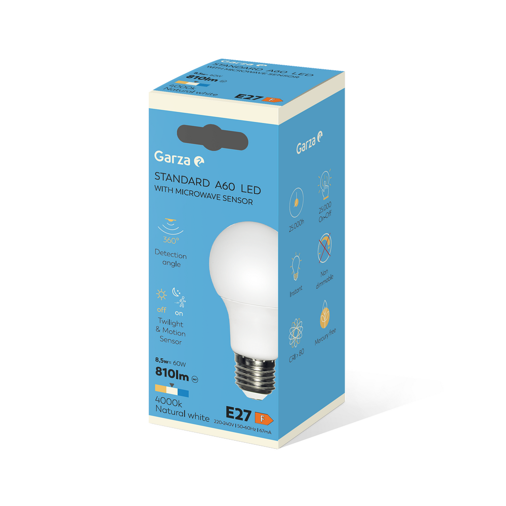 Bombilla LED Estándar A60 con Sensor de Movimiento, Casquillo E27, Luz neutra (4000k), 8,5W, 810 Lúmenes, Ángulo de luz 240º, CRI 80.