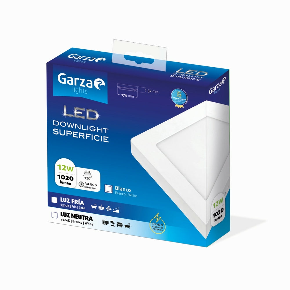 - Downlight LED Superficie Cuadrado Extraplano, 170x170 mm, Luz Neutra (4000k), 12W, 1020 Lúmenes, Ángulo de luz 120º, CRI 80, Color Blanco.