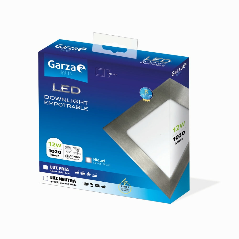Downlight Led Empotrable Cuadrado Extraplano Nickel ø170mm, 12W, 420 lúmenes, 6500K