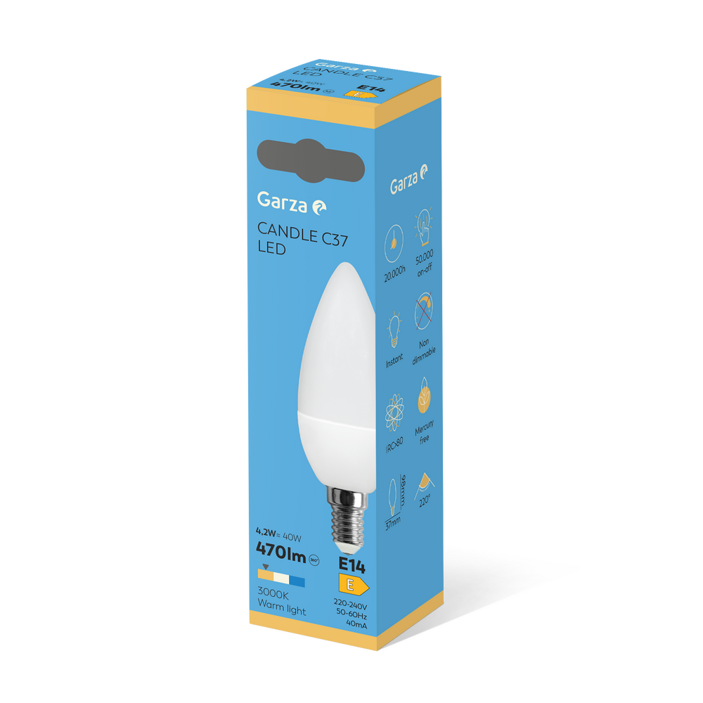 - Bombilla LED Vela C37, Casquillo E14, Luz cálida (3000k), 12W, 470 Lúmenes, Ángulo de Luz de 220º, CRI 80.