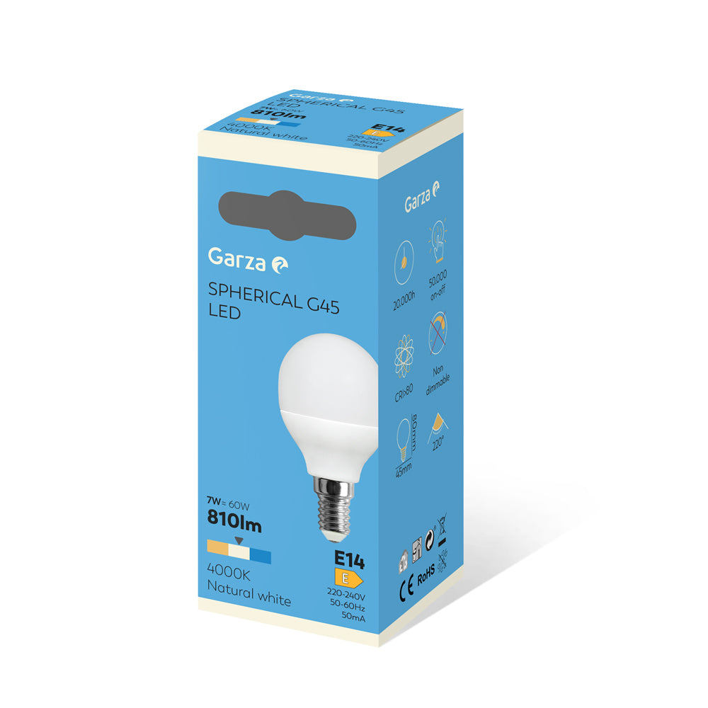 - Bombilla LED Estándar G45, Casquillo E14, Luz neutra (4000k), 8W, 810 Lúmenes, Ángulo de Luz de 220º, CRI 80.