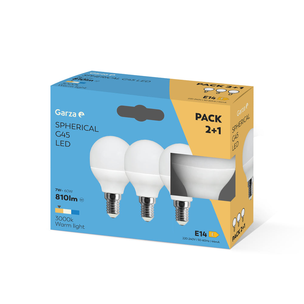 - Bombilla LED Estándar G45, Casquillo E14, Luz cálida (3000k), 8W, 810 Lúmenes, Ángulo de Luz de 220º, CRI 80 (Pack 2+1).