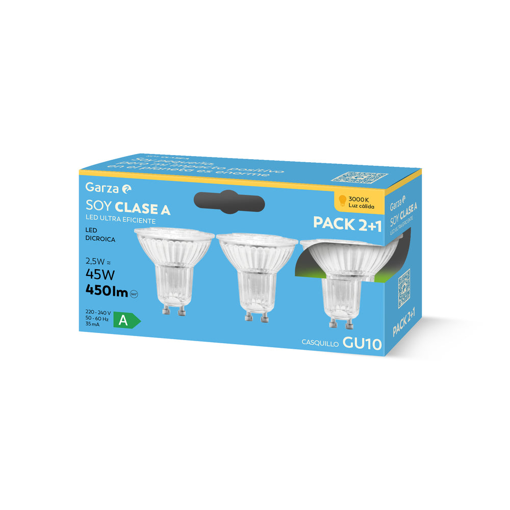 Soy Clase A Bombilla LED Dicroica Cristal GU10, 3000K, 450lm, 2,5W (equivalente 45W), 2+1