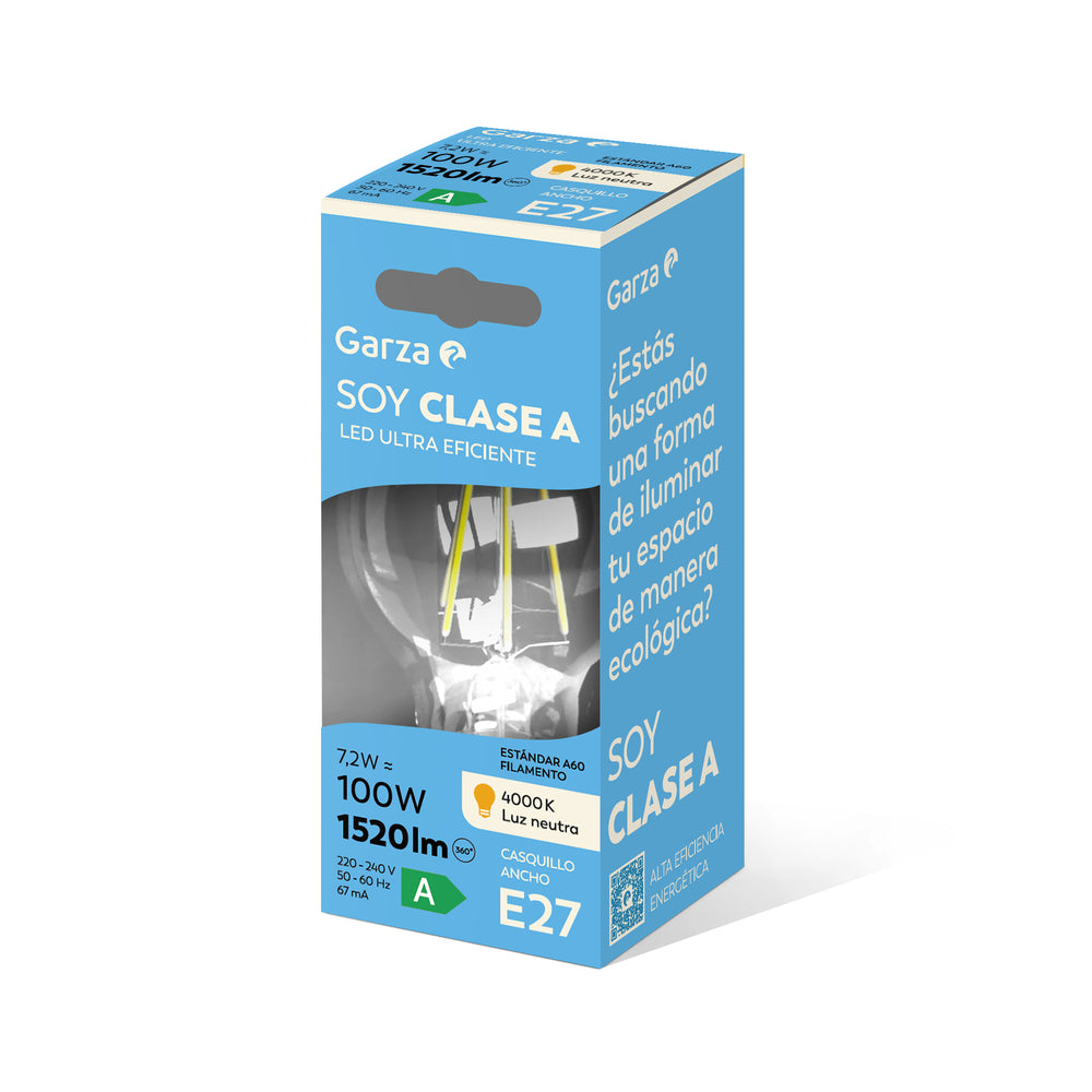 Bombilla Filamento LED Estándar A60 CLASE A E27, 4000K, 1520lm, 7,2W (equivalente 100W incandescente)
