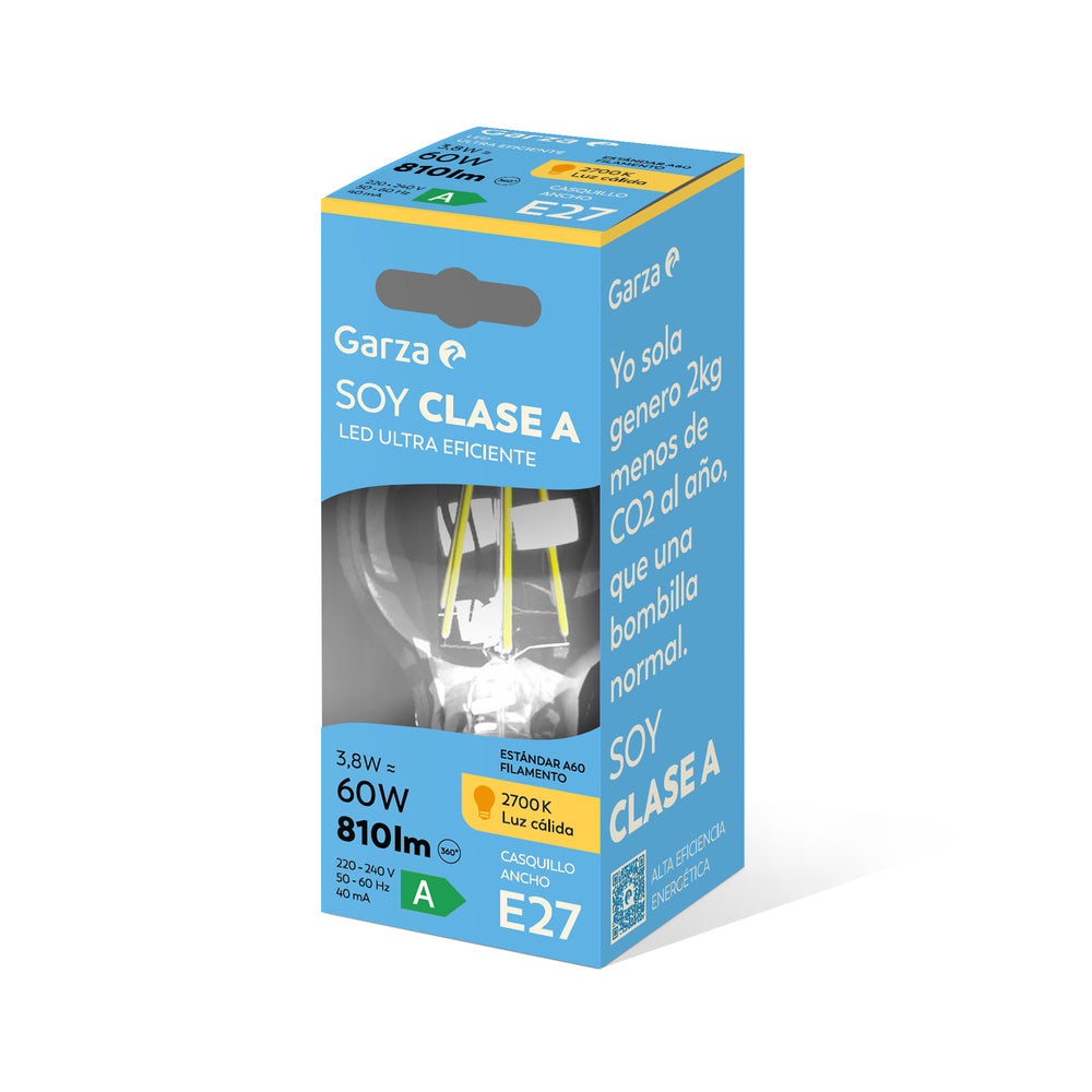 Bombilla Filamento LED Estándar A60 CLASE A E27, 2700K, 810lm, 3,8W (equivalente 60W incandescente)