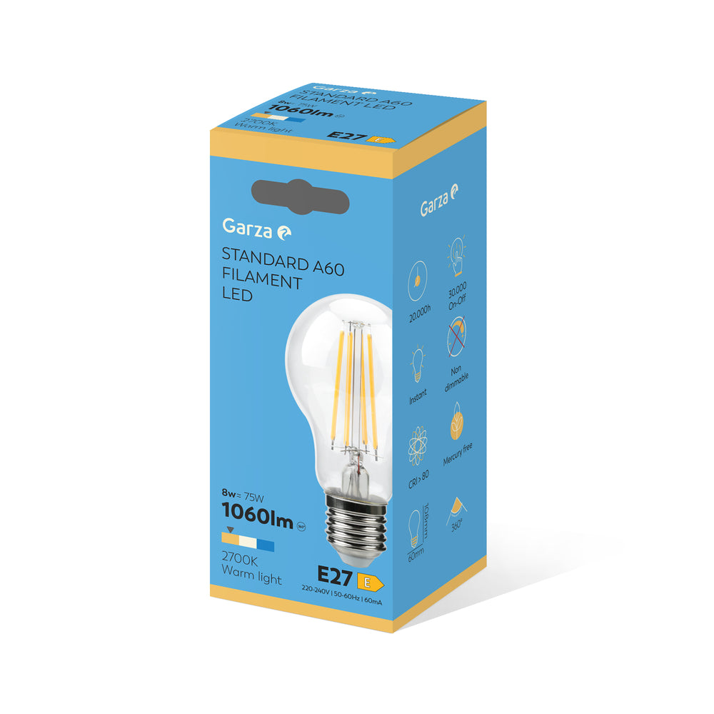 Bombilla Led Filamento Clear Estándar E27 8W 1060 lúmenes, 2700K