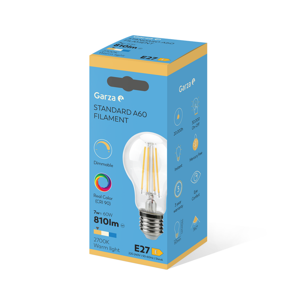 Bombilla LED Filamento CRI Estándar A60, Casquillo E27, Luz cálida (2700k), 7W, 810 Lúmenes, Ángulo de Luz de 360º, CRI 90, Regulable.