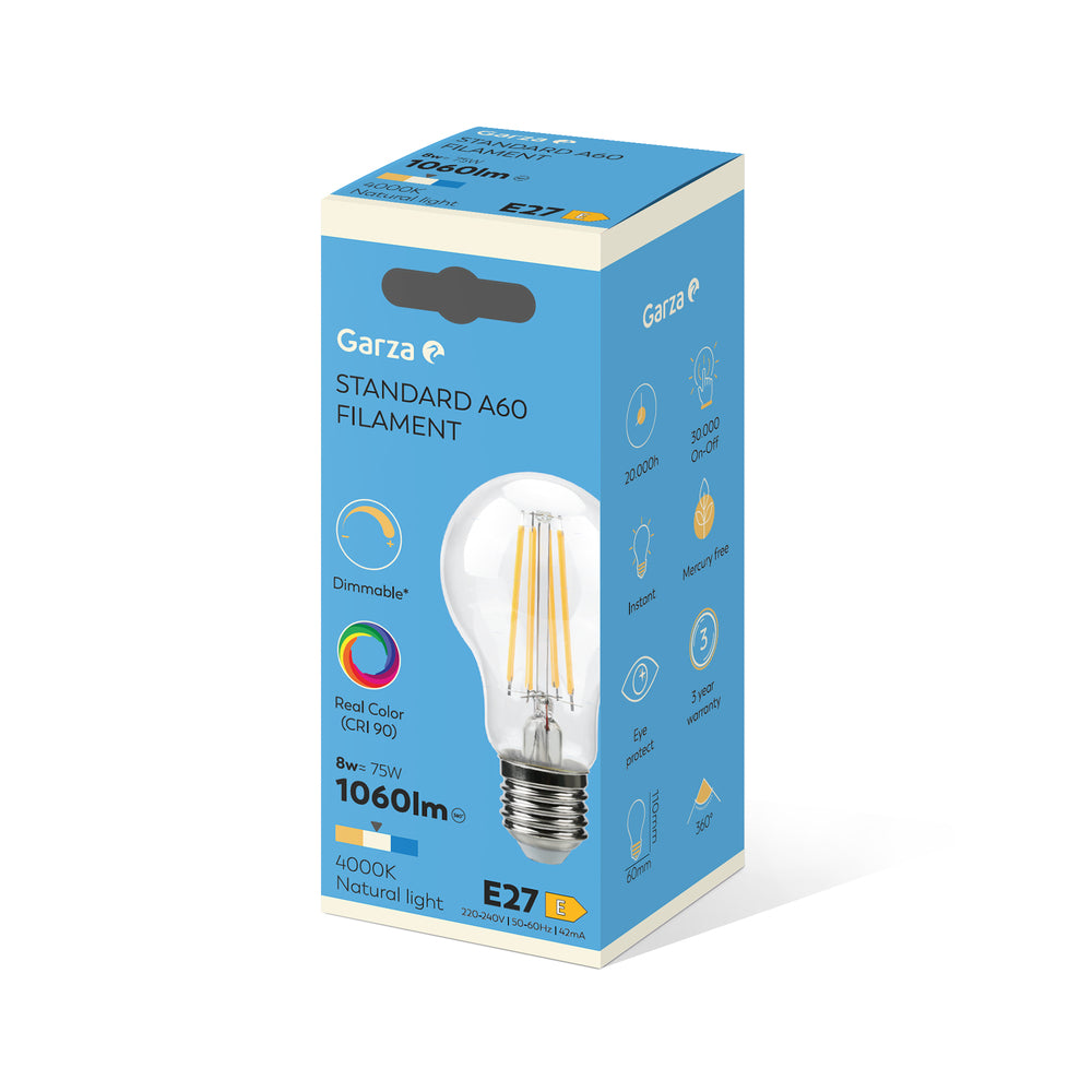 Bombilla LED Filamento CRI Estándar A60, Casquillo E27, Luz neutra (4000k), 8W, 1060 Lúmenes, Ángulo de Luz de 360º, CRI 90, Regulable.
