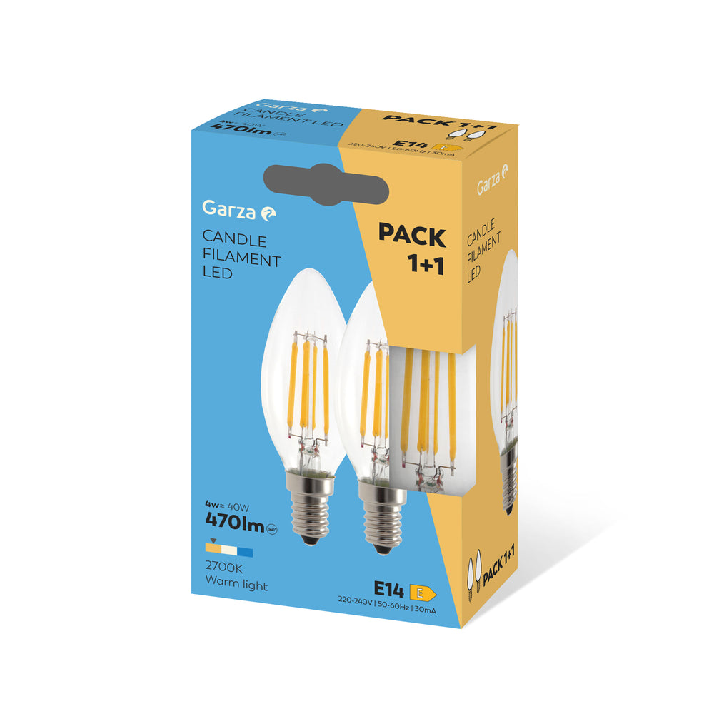 Bombilla  Vela Filamento Clear E14 4W 470 lúmenes, 2700K, Pack 1+1