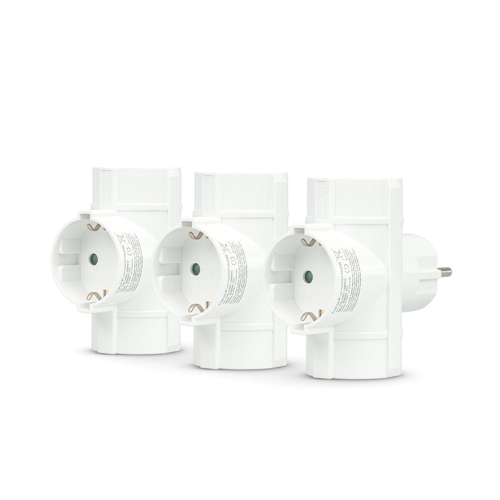 Adaptador de Enchufe Triple con Toma de Tierra, 3 Tomas Shuko, Blanco, Pack x3